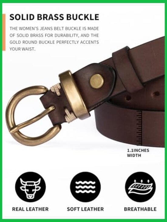 Genuine Leather Belt for Jeans with Solid Brass Circle Buckle Full Grain Leather main image 4